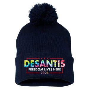 Ron DeSantis Freedom Lives Here Florida 2024 US Flag Tie Dye Pom Pom 12in Knit Beanie