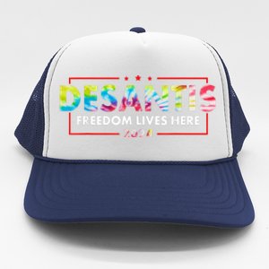 Ron DeSantis Freedom Lives Here Florida 2024 US Flag Tie Dye Trucker Hat