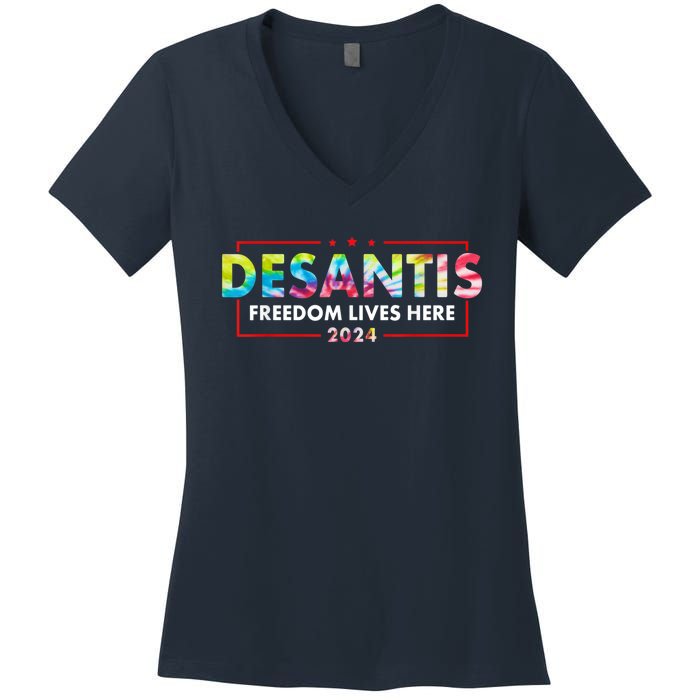 Ron DeSantis Freedom Lives Here Florida 2024 US Flag Tie Dye Women's V-Neck T-Shirt