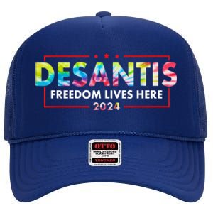 Ron DeSantis Freedom Lives Here Florida 2024 US Flag Tie Dye High Crown Mesh Back Trucker Hat