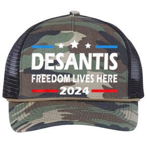 Ron DeSantis Freedom Lives Here Florida 2024 US Flag Retro Rope Trucker Hat Cap