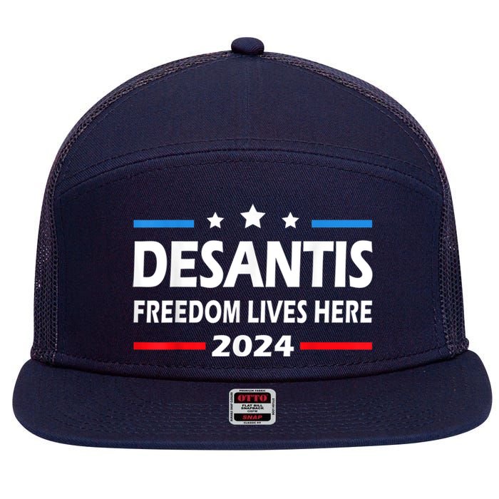 Ron DeSantis Freedom Lives Here Florida 2024 US Flag 7 Panel Mesh Trucker Snapback Hat