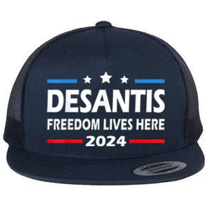 Ron DeSantis Freedom Lives Here Florida 2024 US Flag Flat Bill Trucker Hat