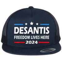 Ron DeSantis Freedom Lives Here Florida 2024 US Flag Flat Bill Trucker Hat