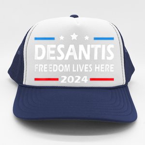 Ron DeSantis Freedom Lives Here Florida 2024 US Flag Trucker Hat