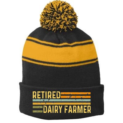 Retired Dairy Farmer Distressed Retirement Retire Cow Cattle Stripe Pom Pom Beanie