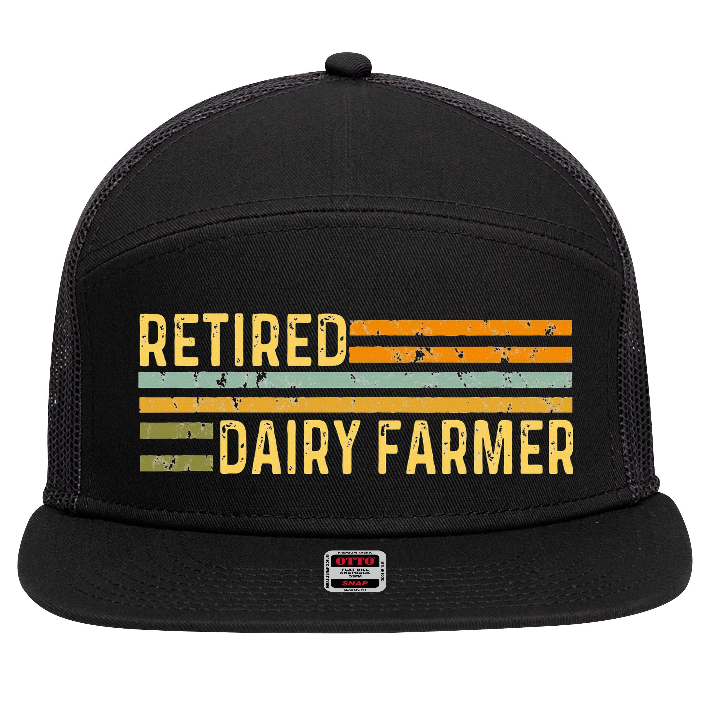 Retired Dairy Farmer Distressed Retirement Retire Cow Cattle 7 Panel Mesh Trucker Snapback Hat