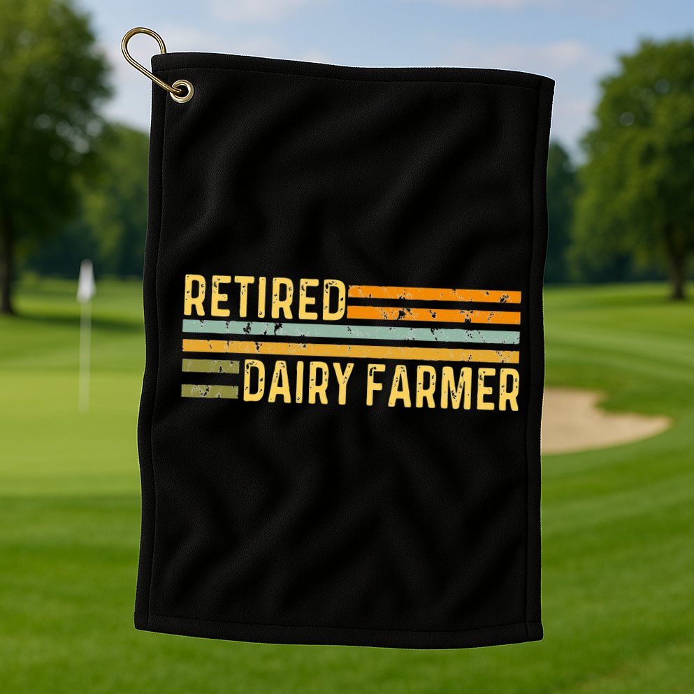 Retired Dairy Farmer Distressed Retirement Retire Cow Cattle Golf Towel