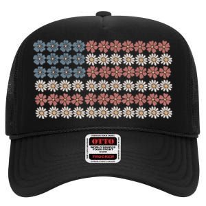 Retro Daisy Flower American Flag Women 4th Of July Patriotic High Crown Mesh Back Trucker Hat