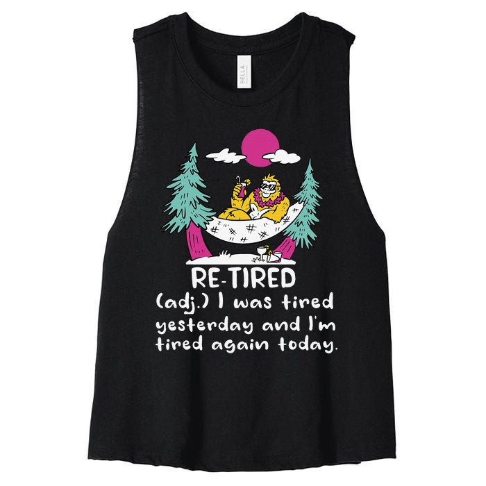 Retired Definition Funny Summer Vacation Bigfoot In Hammock Women's Racerback Cropped Tank