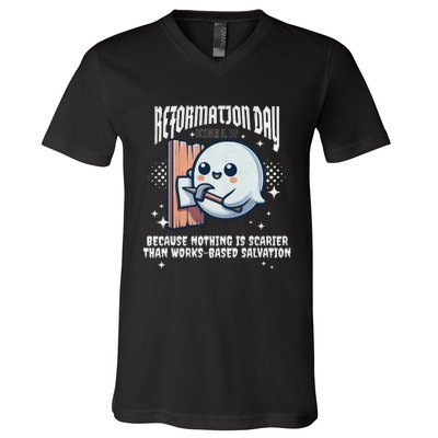 Reformation Day Ghost Halloween Spooky Season Baptist V-Neck T-Shirt