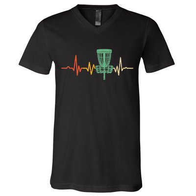 Retro DIsc Golf Shirt, Vintage Heartbeat Disc Golf Basket V-Neck T-Shirt