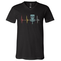 Retro Disc Golf Basket Vintage Heartbeat Golfer V-Neck T-Shirt