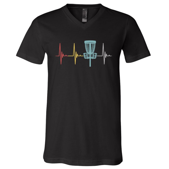 Retro Disc Golf Basket Vintage Heartbeat Golfer V-Neck T-Shirt