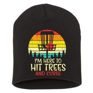 Retro Disc Golf Frisbee Golfer Sunset Hit Trees And Curse Short Acrylic Beanie