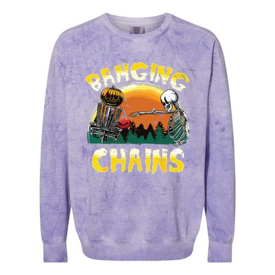 Retro Disc Golf Banging Chains Spooky Halloween Skeleton Colorblast Crewneck Sweatshirt