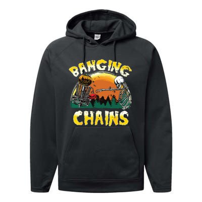 Retro Disc Golf Banging Chains Spooky Halloween Skeleton Performance Fleece Hoodie