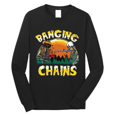 Retro Disc Golf Banging Chains Spooky Halloween Skeleton Long Sleeve Shirt