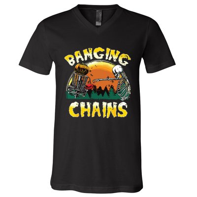 Retro Disc Golf Banging Chains Spooky Halloween Skeleton V-Neck T-Shirt