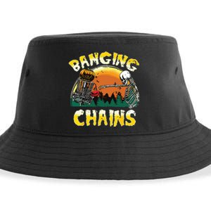 Retro Disc Golf Banging Chains Spooky Halloween Skeleton Sustainable Bucket Hat