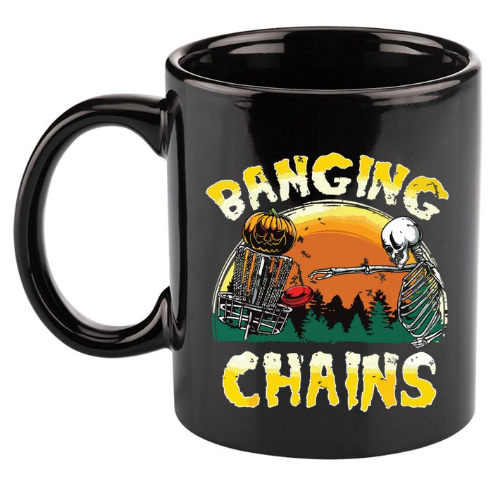 Retro Disc Golf Banging Chains Spooky Halloween Skeleton 11oz C Handle Ceramic Mug