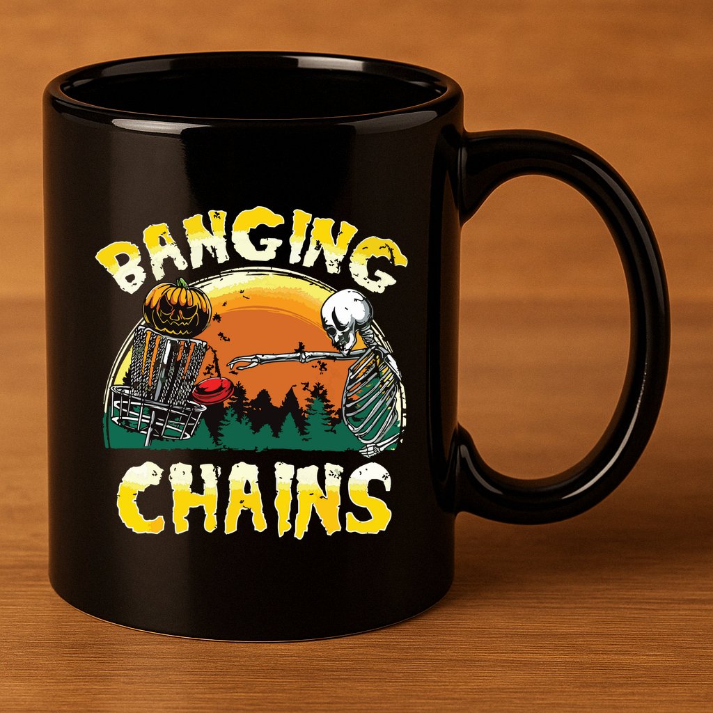 Retro Disc Golf Banging Chains Spooky Halloween Skeleton 11oz C Handle Ceramic Mug