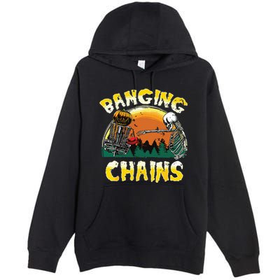 Retro Disc Golf Banging Chains Spooky Halloween Skeleton Premium Pullover Hoodie