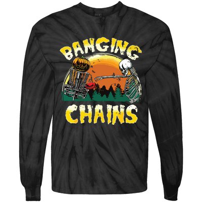 Retro Disc Golf Banging Chains Spooky Halloween Skeleton Tie-Dye Long Sleeve Shirt