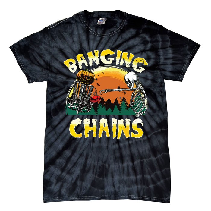 Retro Disc Golf Banging Chains Spooky Halloween Skeleton Tie-Dye T-Shirt