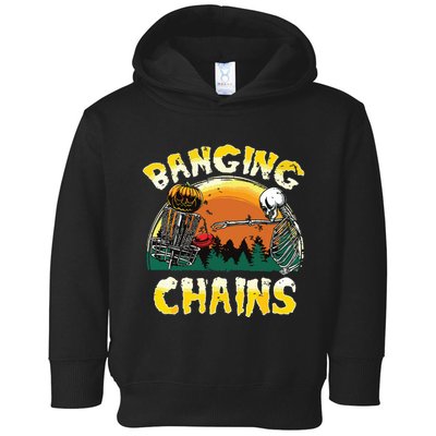 Retro Disc Golf Banging Chains Spooky Halloween Skeleton Toddler Hoodie