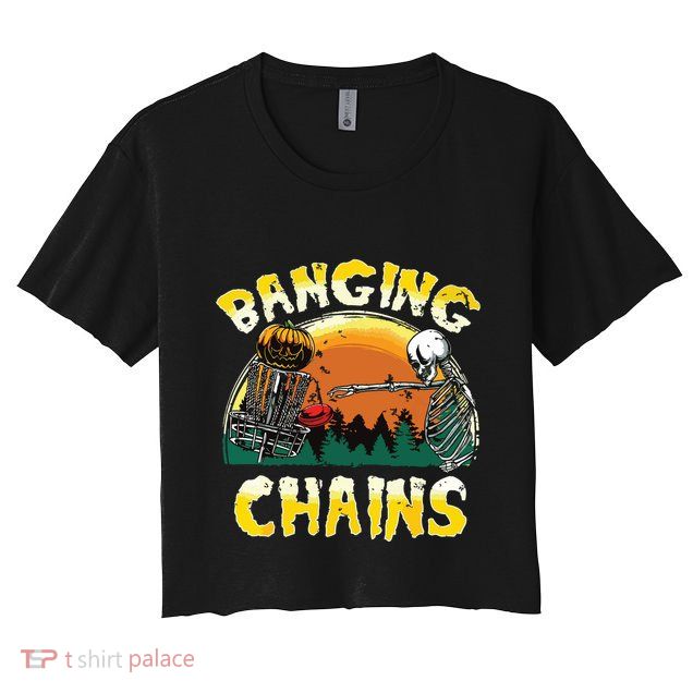 Retro Disc Golf Banging Chains Spooky Halloween Skeleton Crop Top
