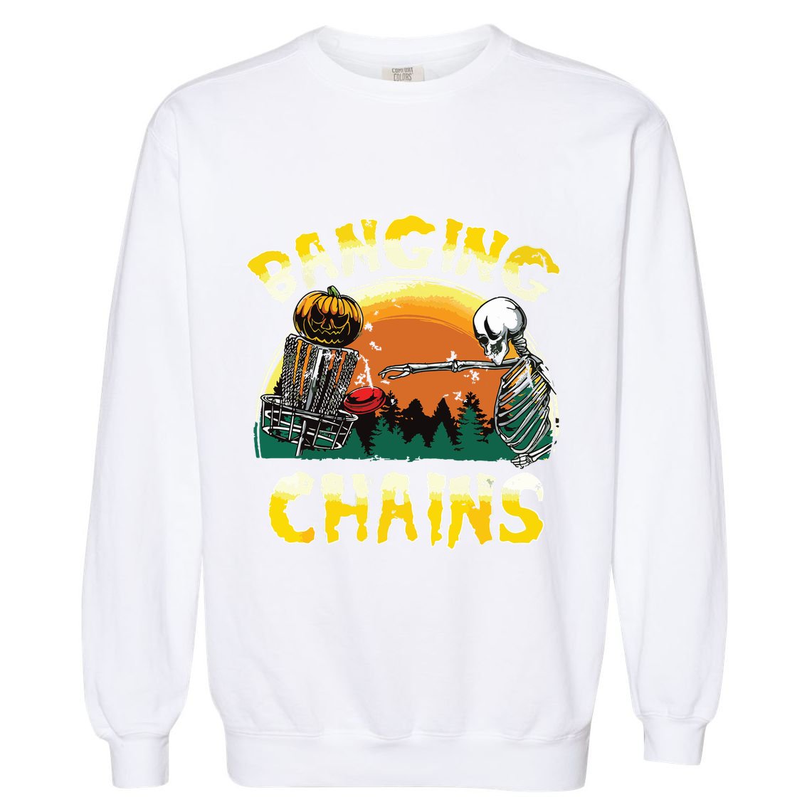 Retro Disc Golf Banging Chains Spooky Halloween Skeleton Garment-Dyed Sweatshirt