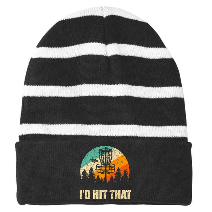 Retro Disc Golf Sport  Sunset Vintage Frisbee Golf Striped Beanie with Solid Band