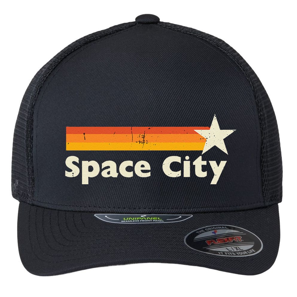 Retro Distressed Houston Baseball Space City Flexfit Unipanel Trucker Cap