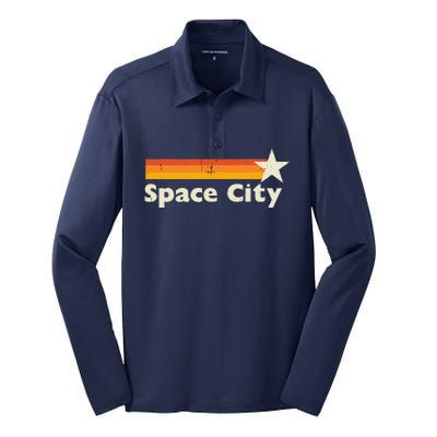 Retro Distressed Houston Baseball Space City Silk Touch Performance Long Sleeve Polo