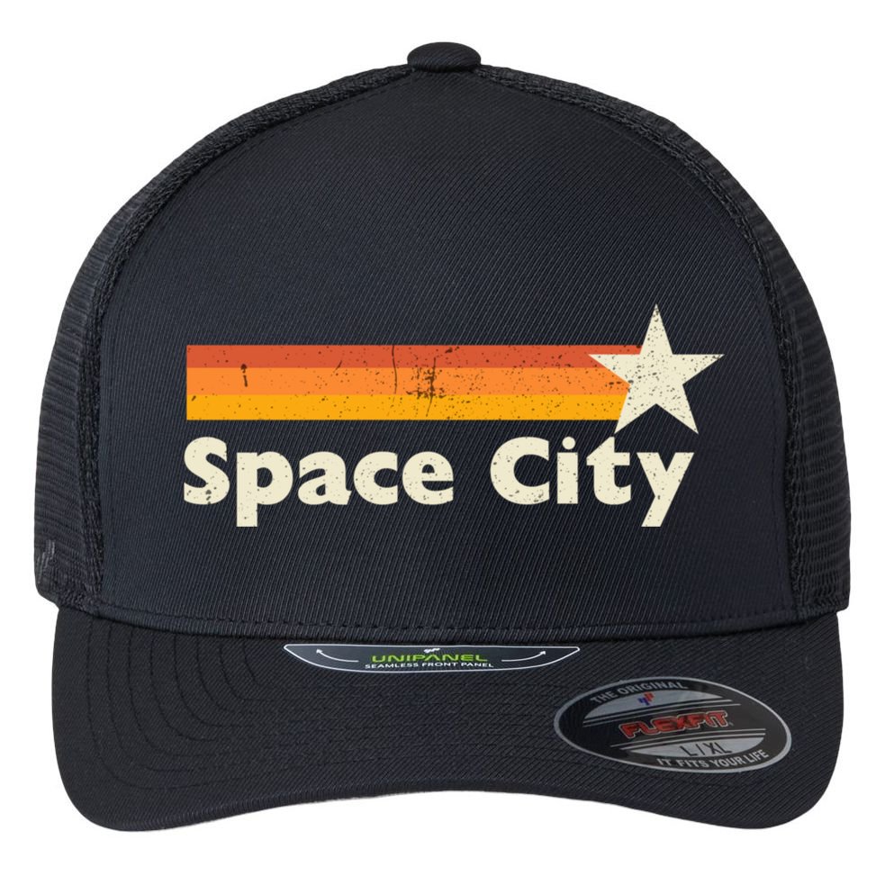 Retro Distressed Houston Baseball Space City Flexfit Unipanel Trucker Cap