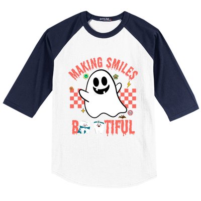 Retro Dental Halloween Making Smiles Bootiful Trick Or Th Funny Gift Baseball Sleeve Shirt