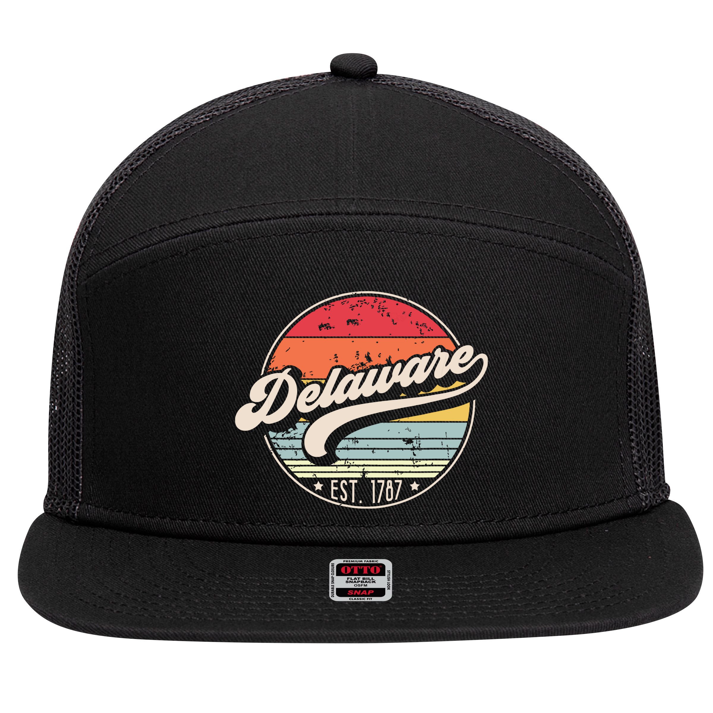 Retro Delaware Home State De Cool 70s Style Sunset 7 Panel Mesh Trucker Snapback Hat