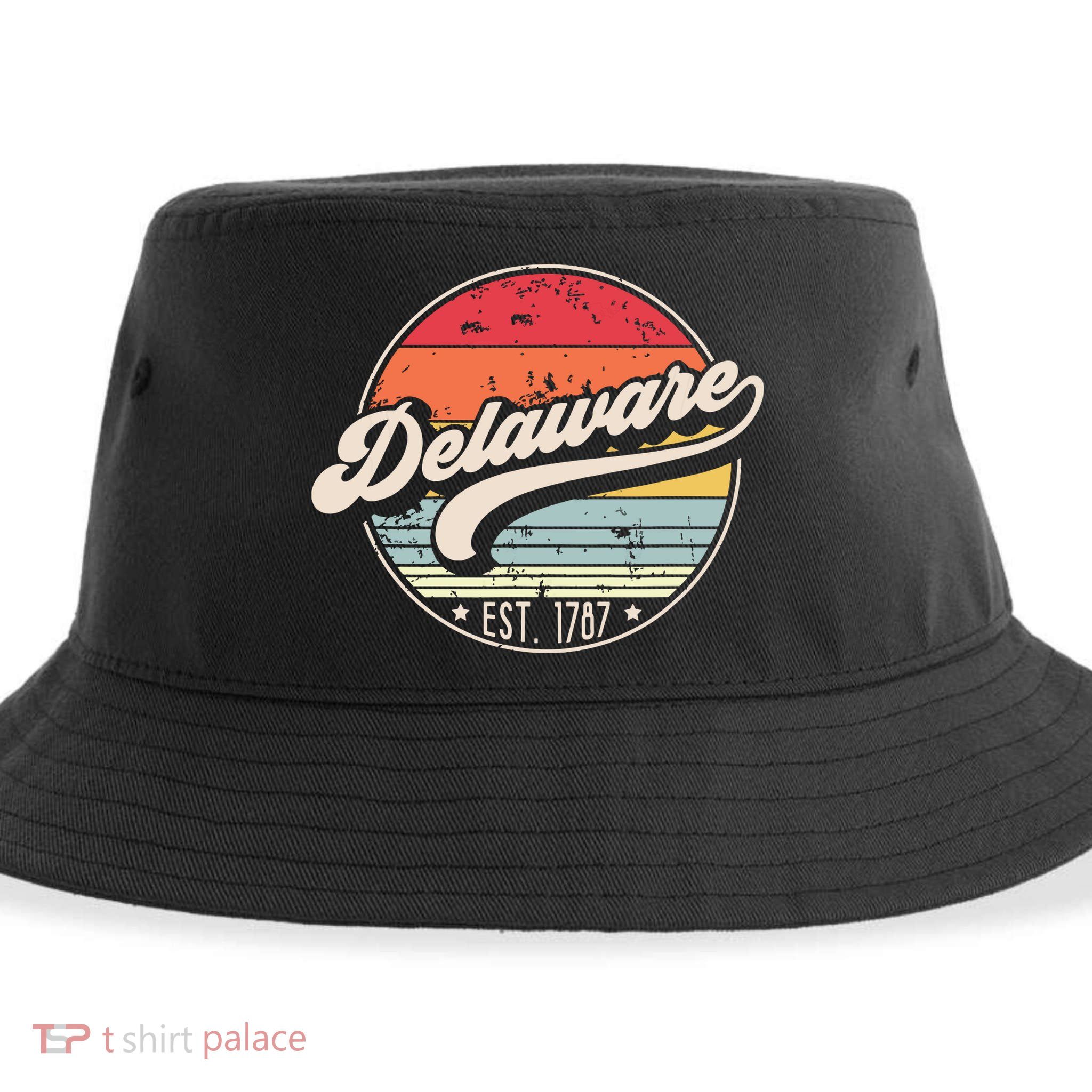 Retro Delaware Home State De Cool 70s Style Sunset Sustainable Bucket Hat