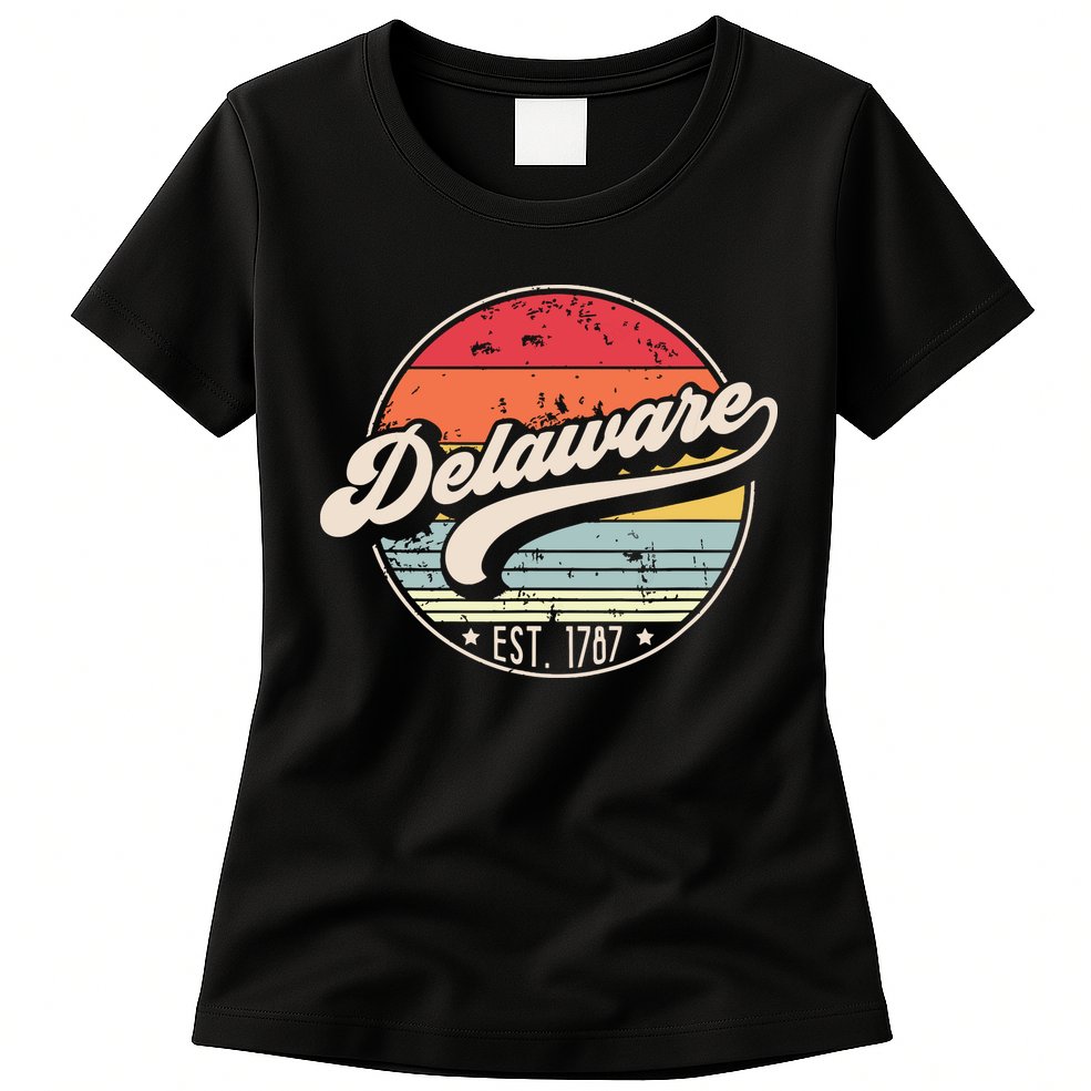 Retro Delaware Home State De Cool 70s Style Sunset Womens T-Shirt