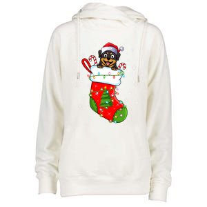 Rottweiler Dog In Christmas Sock Funny Santa Rottweiler Xmas Cool Gift Womens Funnel Neck Pullover Hood