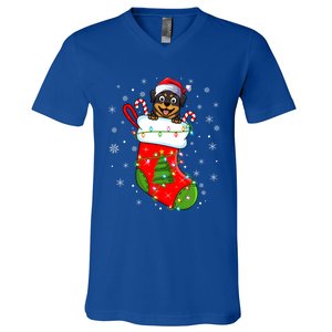 Rottweiler Dog In Christmas Sock Funny Santa Rottweiler Xmas Cool Gift V-Neck T-Shirt