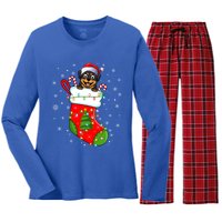 Rottweiler Dog In Christmas Sock Funny Santa Rottweiler Xmas Cool Gift Women's Long Sleeve Flannel Pajama Set 