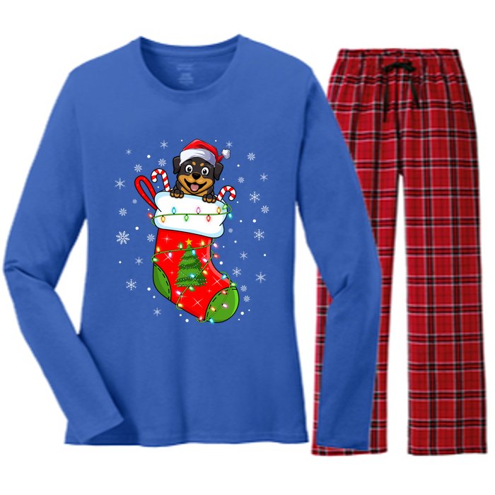 Rottweiler Dog In Christmas Sock Funny Santa Rottweiler Xmas Cool Gift Women's Long Sleeve Flannel Pajama Set 