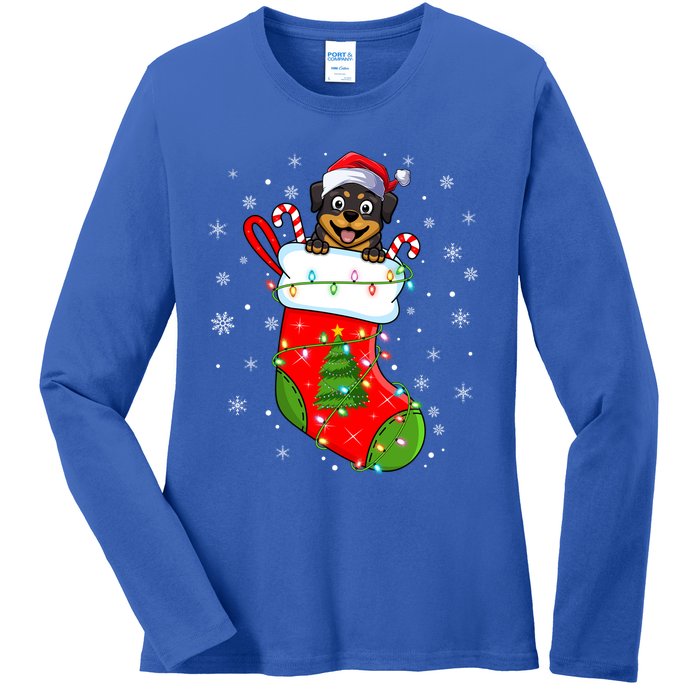 Rottweiler Dog In Christmas Sock Funny Santa Rottweiler Xmas Cool Gift Ladies Long Sleeve Shirt