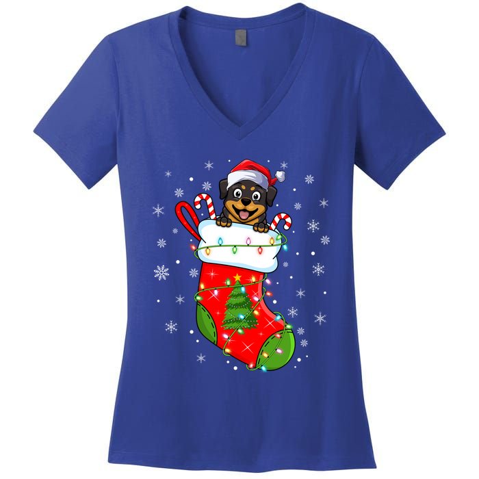 Rottweiler Dog In Christmas Sock Funny Santa Rottweiler Xmas Cool Gift Women's V-Neck T-Shirt