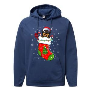 Rottweiler Dog In Christmas Sock Funny Santa Rottweiler Xmas Cool Gift Performance Fleece Hoodie