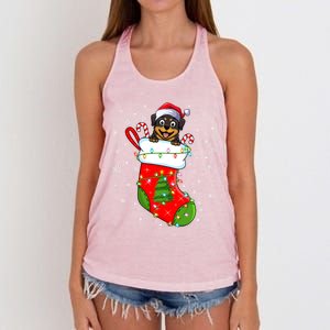 Rottweiler Dog In Christmas Sock Funny Santa Rottweiler Xmas Cool Gift Women's Knotted Racerback Tank