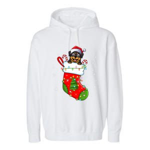 Rottweiler Dog In Christmas Sock Funny Santa Rottweiler Xmas Cool Gift Garment-Dyed Fleece Hoodie