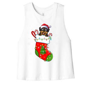 Rottweiler Dog In Christmas Sock Funny Santa Rottweiler Xmas Cool Gift Women's Racerback Cropped Tank